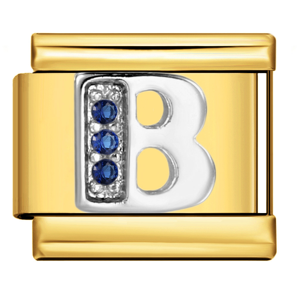 Italian modular bracelet with gold base, blue diamond lettering, DIY stainless steel elastic assembly and welding.