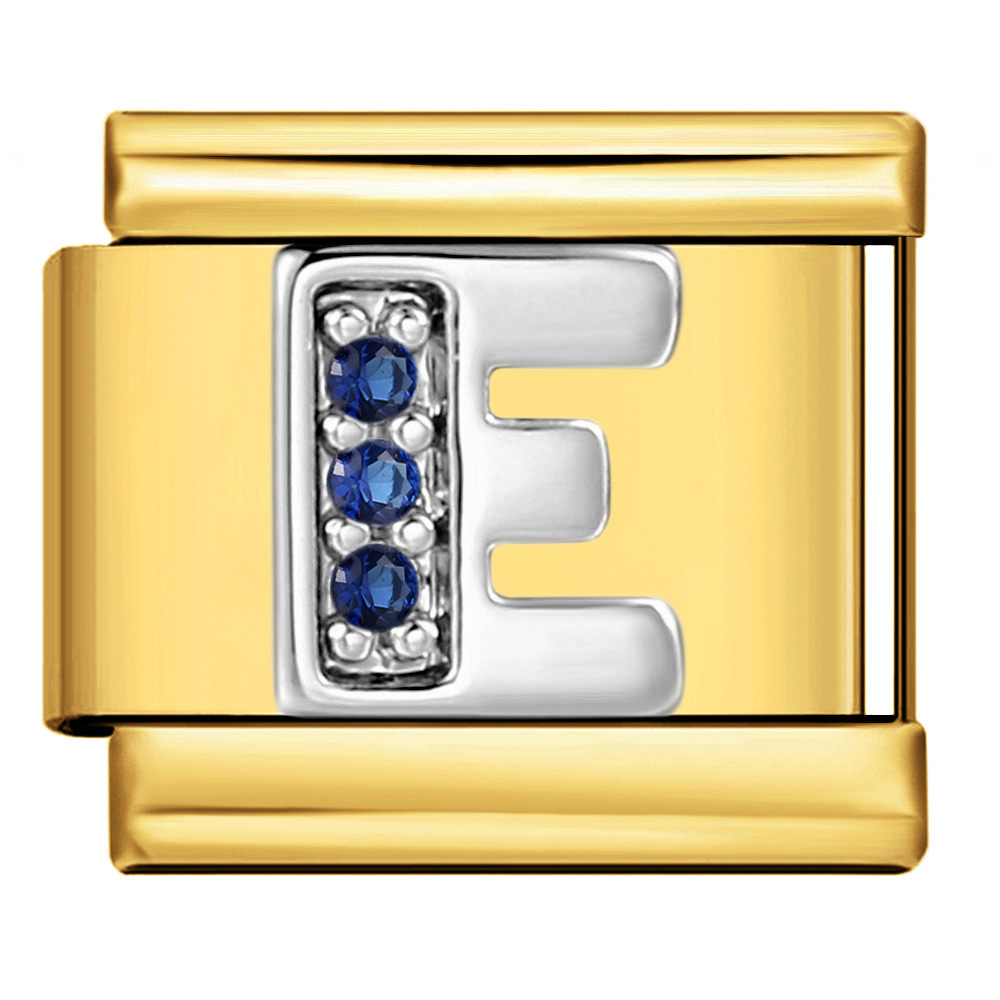 Italian modular bracelet with gold base, blue diamond lettering, DIY stainless steel elastic assembly and welding.