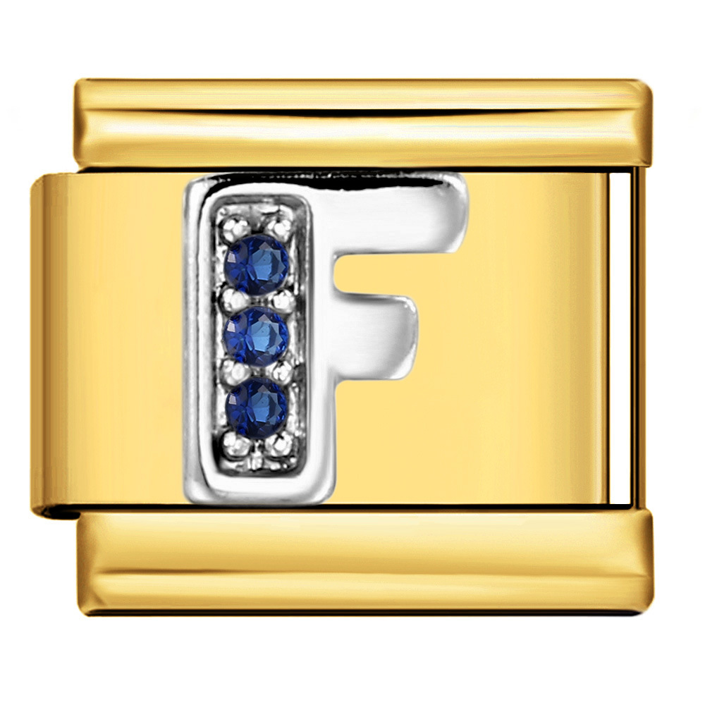 Italian modular bracelet with gold base, blue diamond lettering, DIY stainless steel elastic assembly and welding.