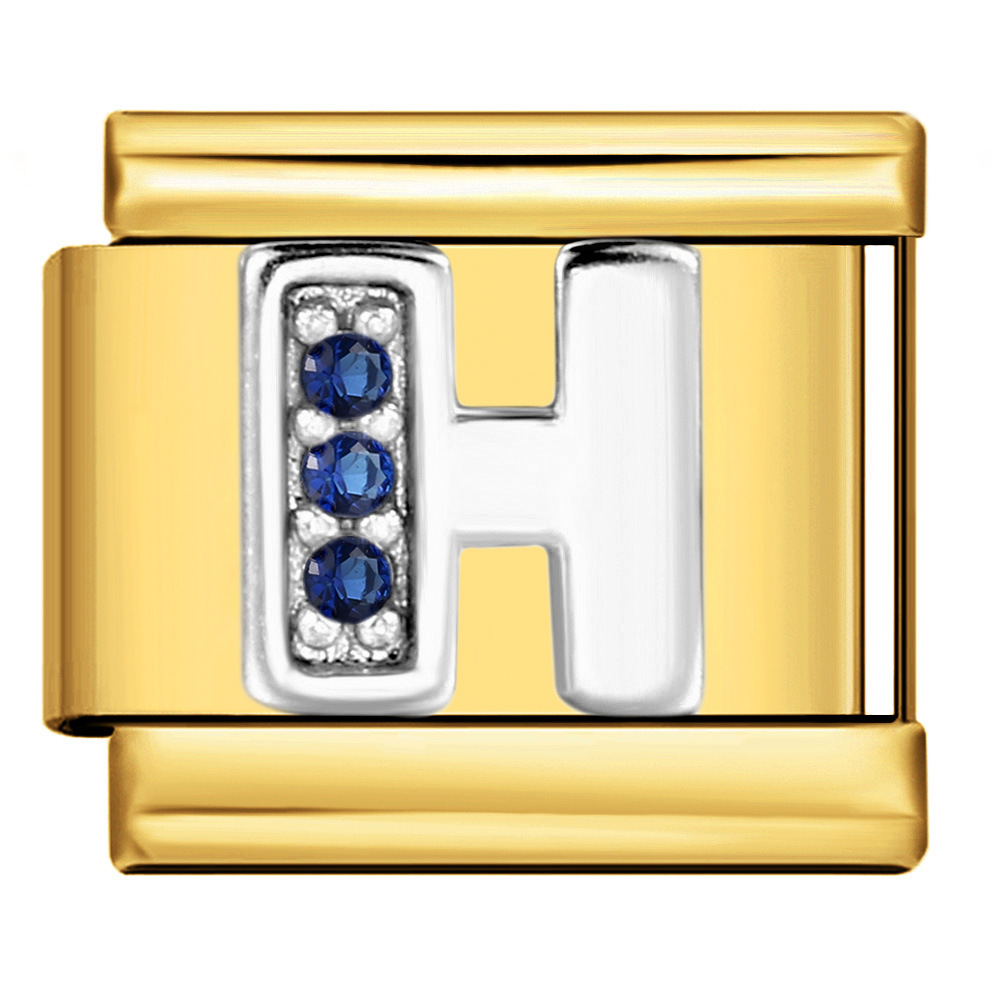 Italian modular bracelet with gold base, blue diamond lettering, DIY stainless steel elastic assembly and welding.