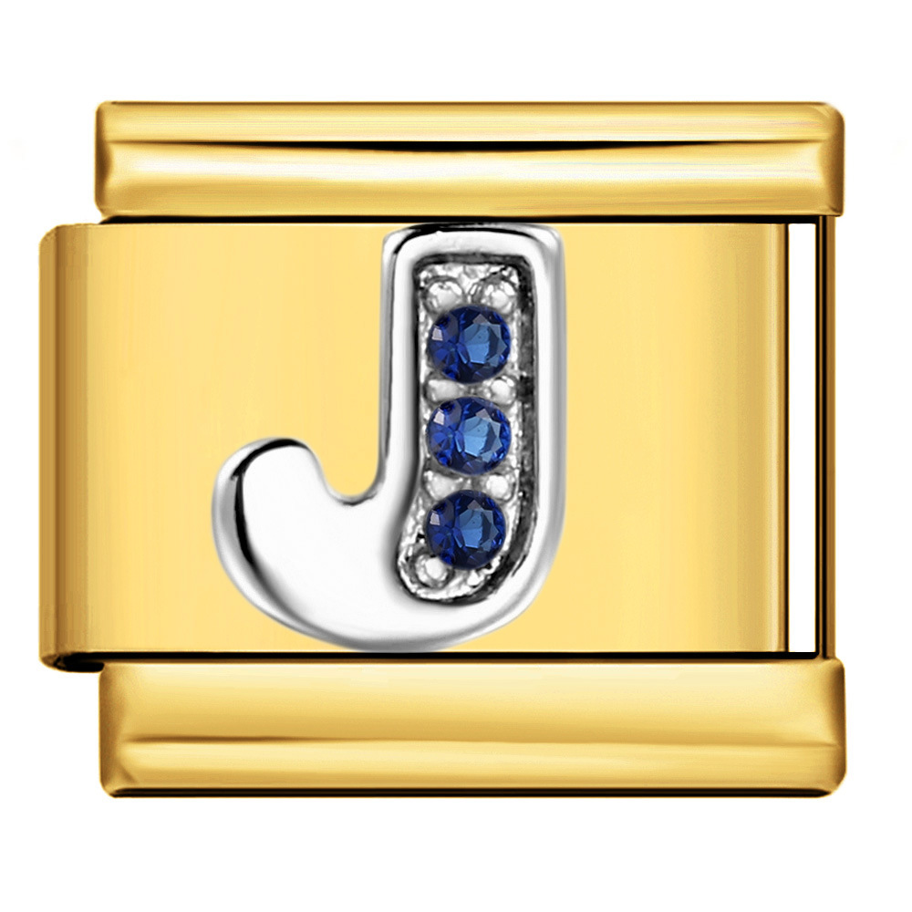 Italian modular bracelet with gold base, blue diamond lettering, DIY stainless steel elastic assembly and welding.