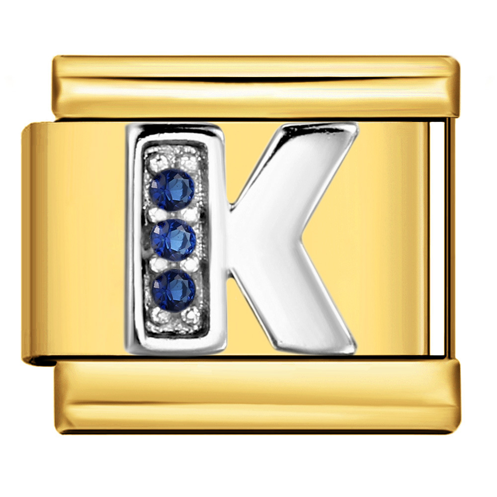 Italian modular bracelet with gold base, blue diamond lettering, DIY stainless steel elastic assembly and welding.