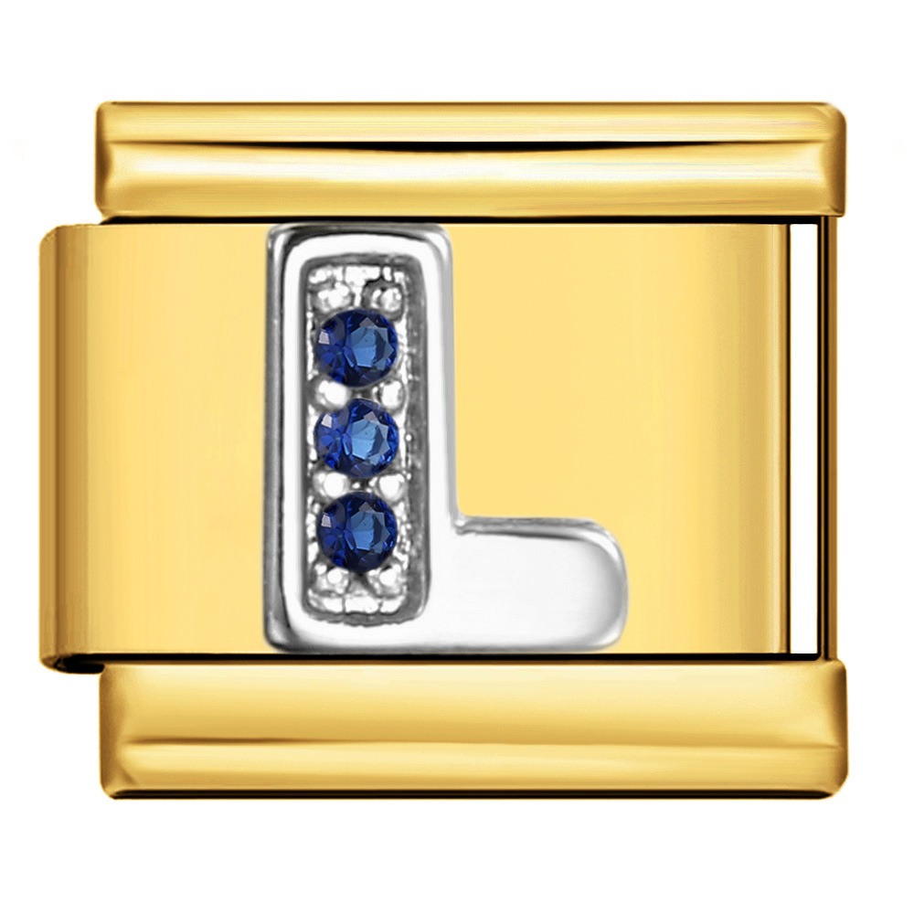 Italian modular bracelet with gold base, blue diamond lettering, DIY stainless steel elastic assembly and welding.