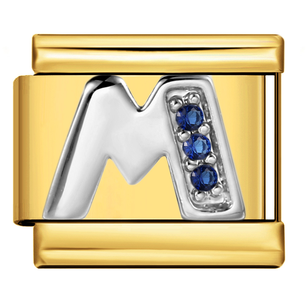 Italian modular bracelet with gold base, blue diamond lettering, DIY stainless steel elastic assembly and welding.