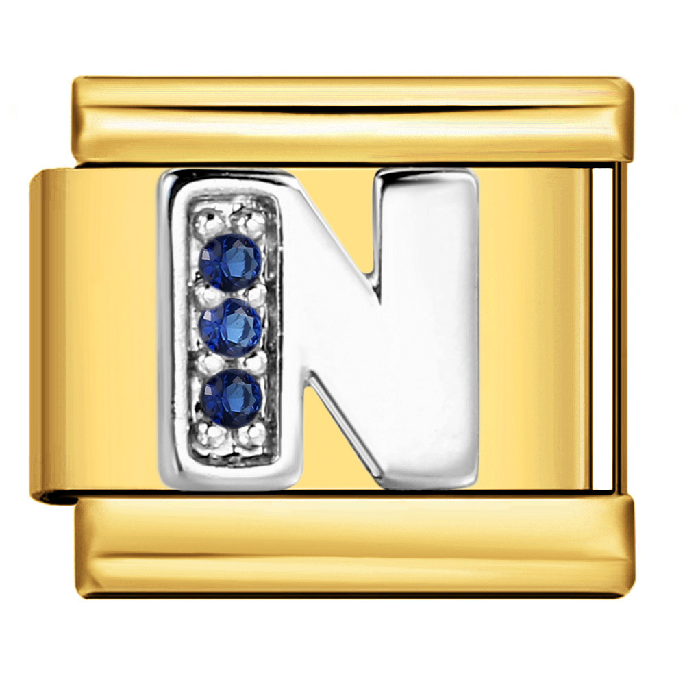 Italian modular bracelet with gold base, blue diamond lettering, DIY stainless steel elastic assembly and welding.