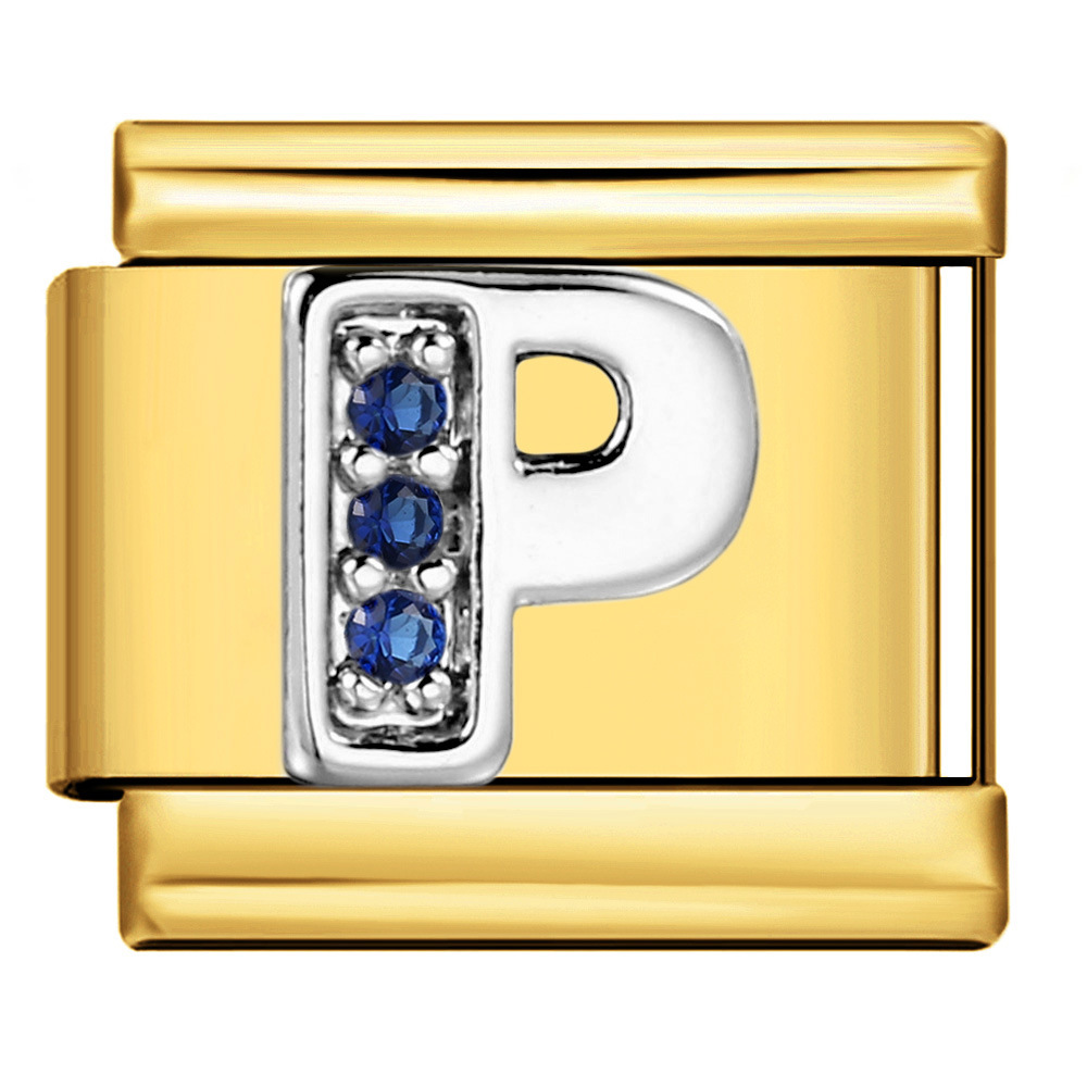 Italian modular bracelet with gold base, blue diamond lettering, DIY stainless steel elastic assembly and welding.