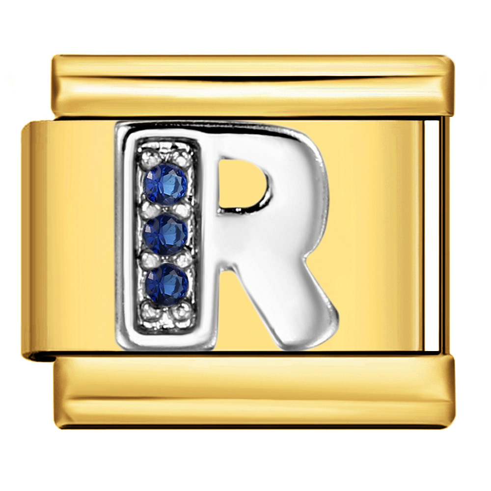Italian modular bracelet with gold base, blue diamond lettering, DIY stainless steel elastic assembly and welding.