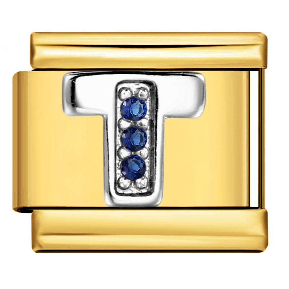 Italian modular bracelet with gold base, blue diamond lettering, DIY stainless steel elastic assembly and welding.