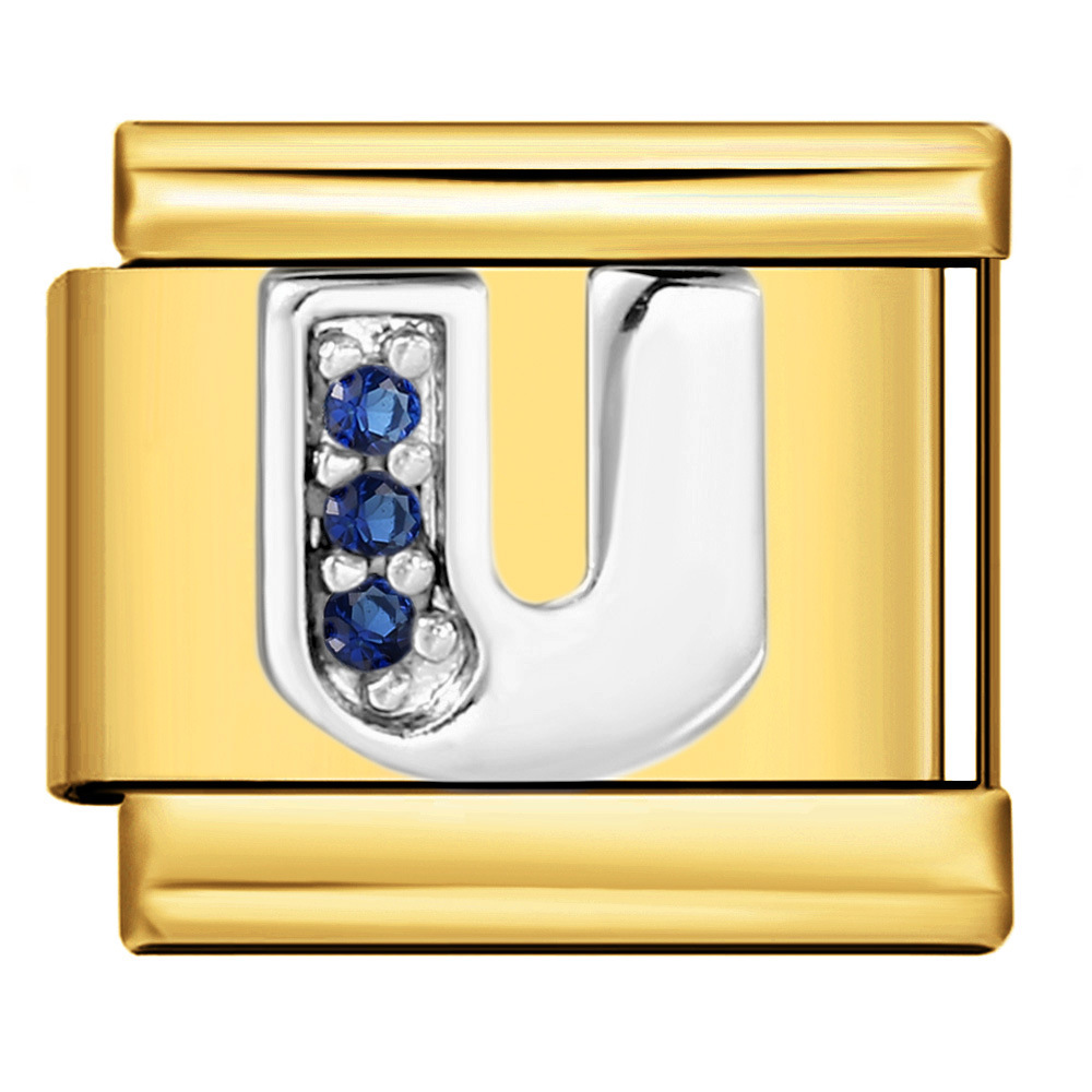 Italian modular bracelet with gold base, blue diamond lettering, DIY stainless steel elastic assembly and welding.
