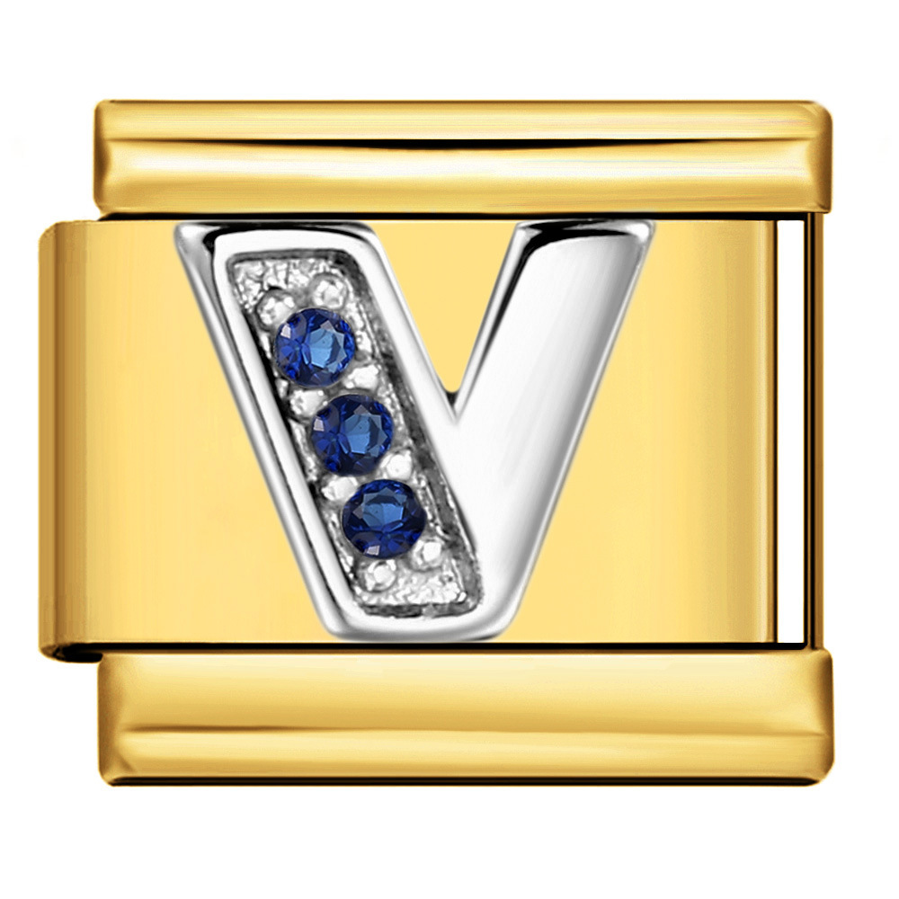 Italian modular bracelet with gold base, blue diamond lettering, DIY stainless steel elastic assembly and welding.