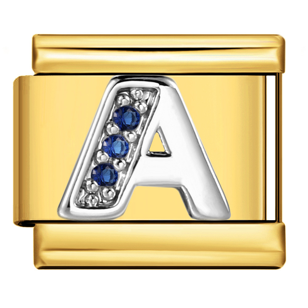 Italian modular bracelet with gold base, blue diamond lettering, DIY stainless steel elastic assembly and welding.
