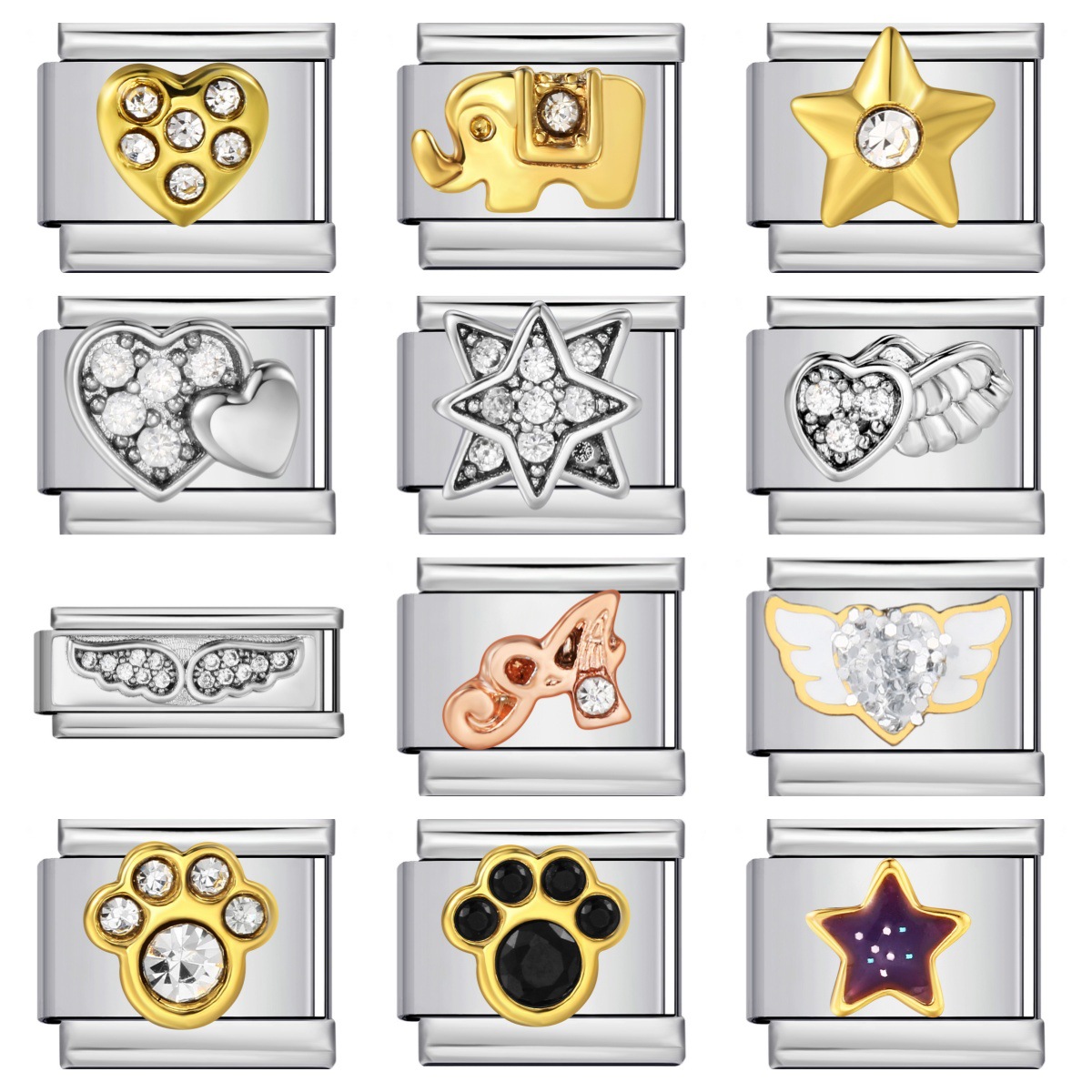 Italian modular bracelet with gold and silver rhinestone patterns, DIY titanium steel welded elastic personalized splicing bracelet wholesale.
