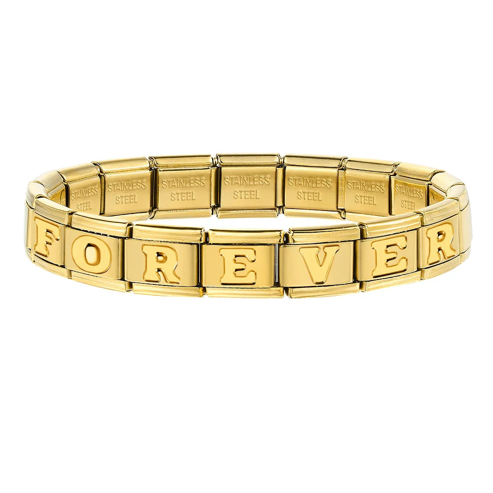 Gold concave letter series Italian modular bracelet titanium steel stamping DIY elastic splicing bracelet accessories