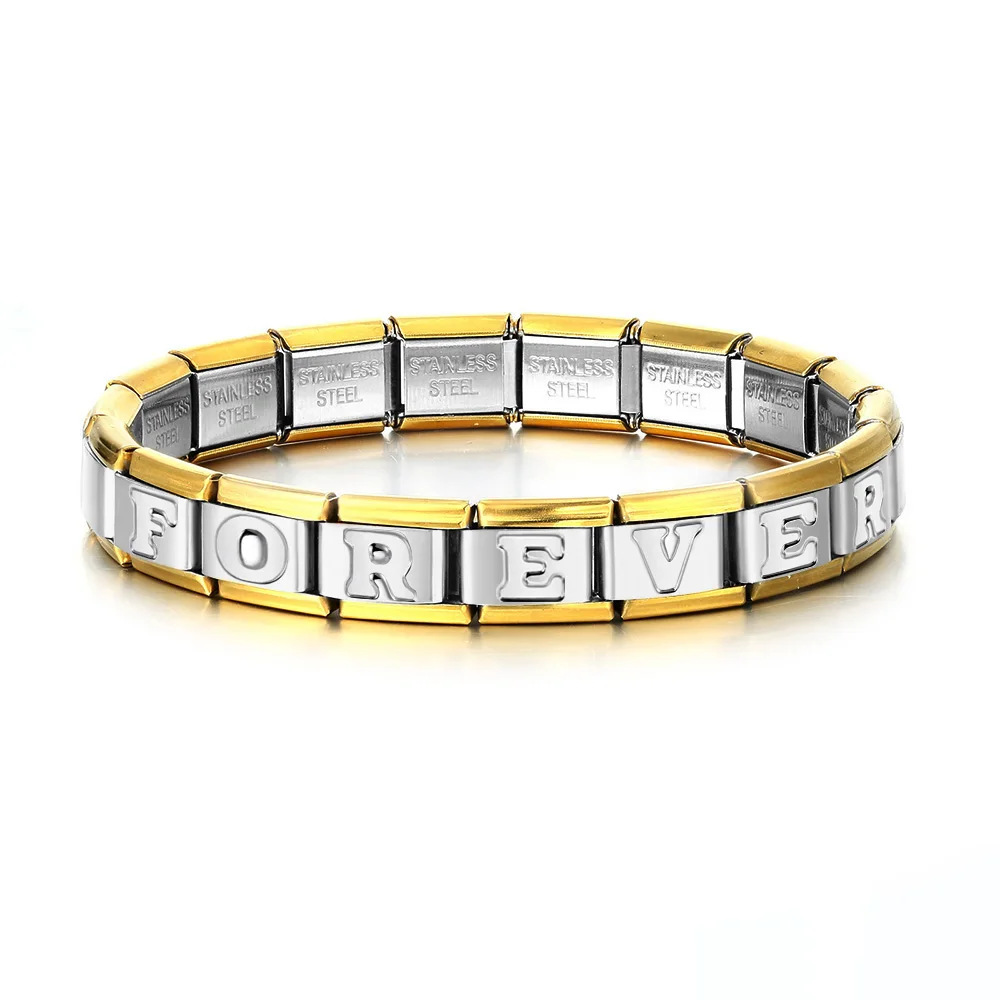 Fashionable gold-plated silver concave English letter bracelet, titanium steel un-oiled DIY Italian modular bracelet wholesale.