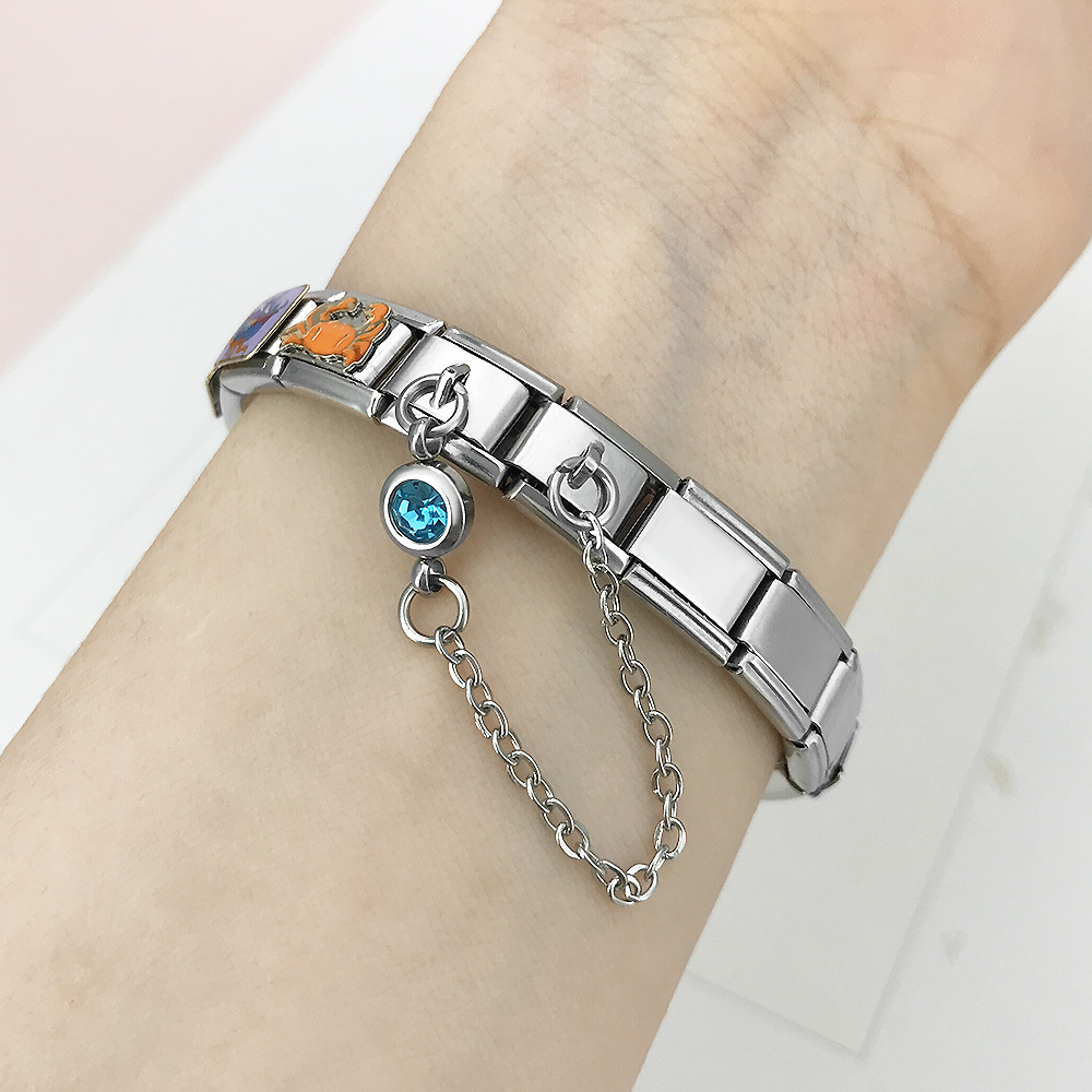 Cross-border best-selling 12 birthstone Italian modular bracelet with gold hook pendant, DIY elastic stainless steel bangle