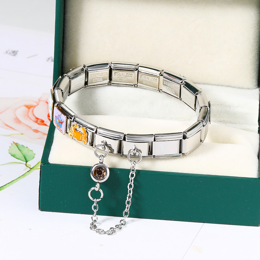 Cross-border best-selling 12 birthstone Italian modular bracelet with gold hook pendant, DIY elastic stainless steel bangle