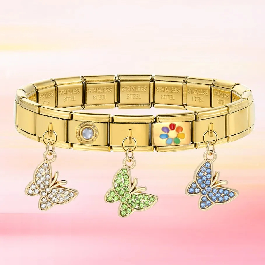 Fashionable diamond butterfly pendant Italian modular bracelet with gold and silver base and elastic splicing DIY titanium steel watch strap chain