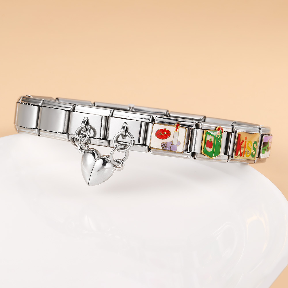 Magnetic Heart-Shaped Double Pendant Bracelet Accessories, Titanium Steel DIY Customizable Italian Modular Bracelet