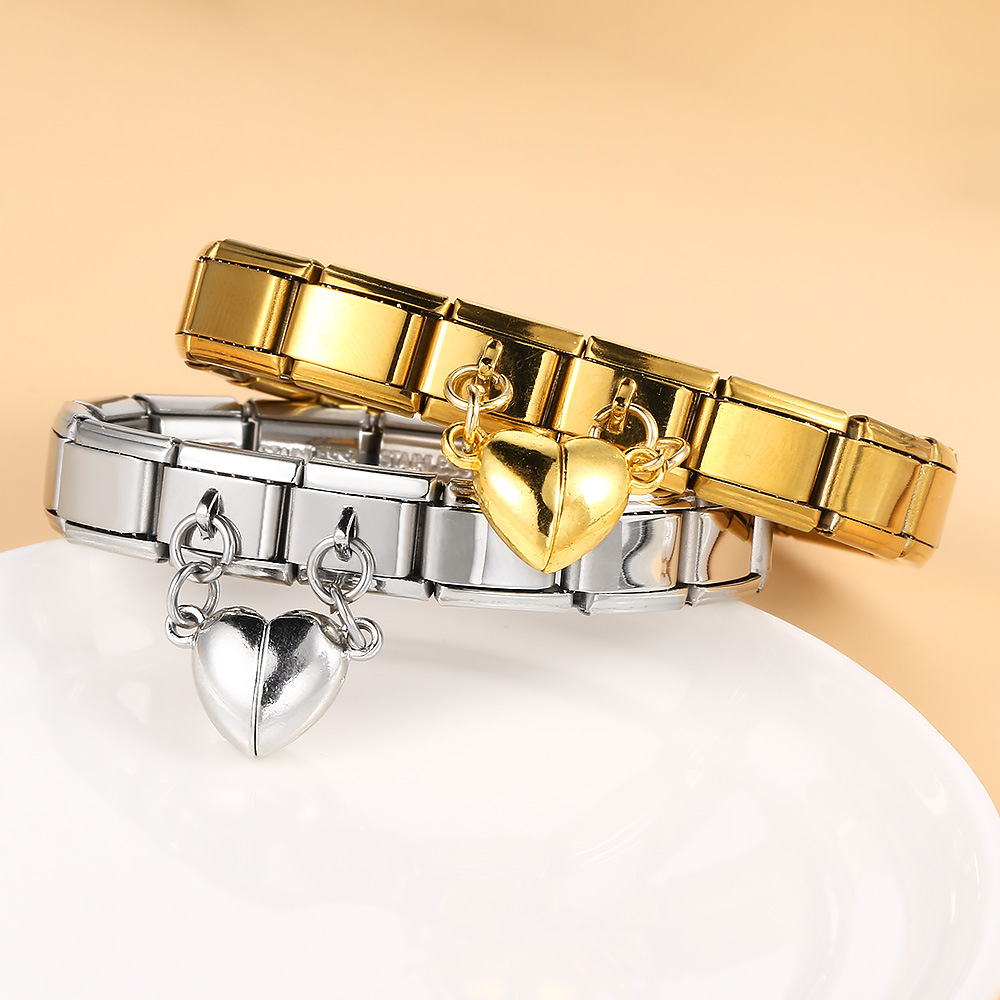 Magnetic Heart-Shaped Double Pendant Bracelet Accessories, Titanium Steel DIY Customizable Italian Modular Bracelet