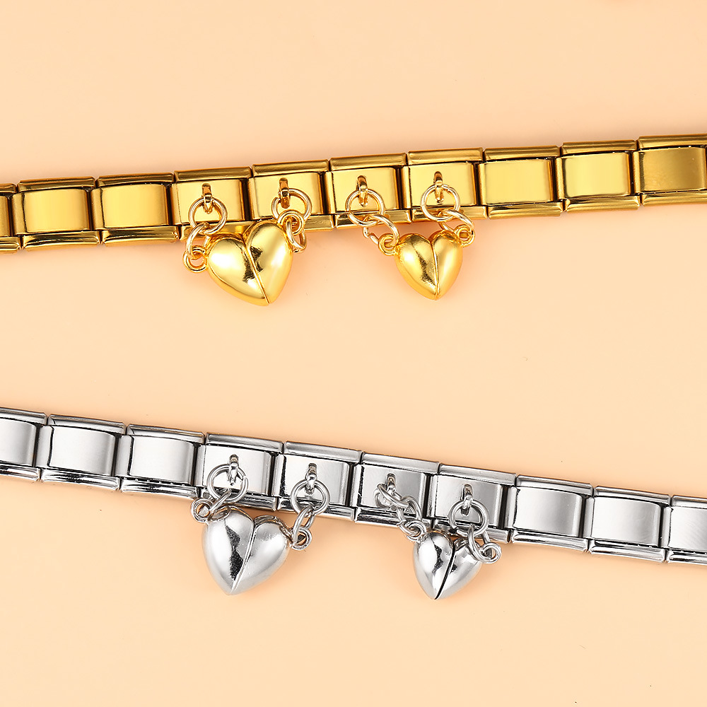 Magnetic Heart-Shaped Double Pendant Bracelet Accessories, Titanium Steel DIY Customizable Italian Modular Bracelet