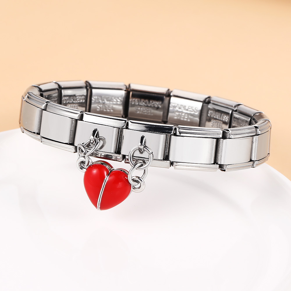 Glow-in-the-dark magnetic heart-shaped Italian modular bracelet with stainless steel double hooks, DIY free-assembly bracelet.