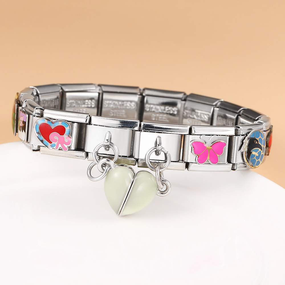 Glow-in-the-dark magnetic heart-shaped Italian modular bracelet with stainless steel double hooks, DIY free-assembly bracelet.