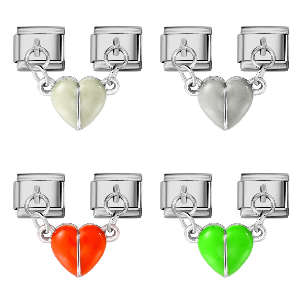 Glow-in-the-dark magnetic heart-shaped Italian modular bracelet with stainless steel double hooks, DIY free-assembly bracelet.