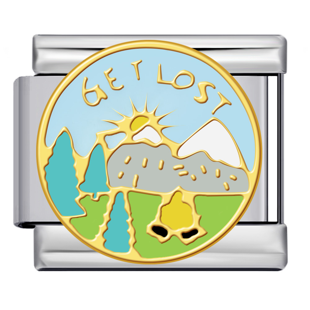 New Italian modular bracelet with river, mountain, and seascape scenery, gold-plated, oil-sprinkled, DIY welded stainless steel bangle.