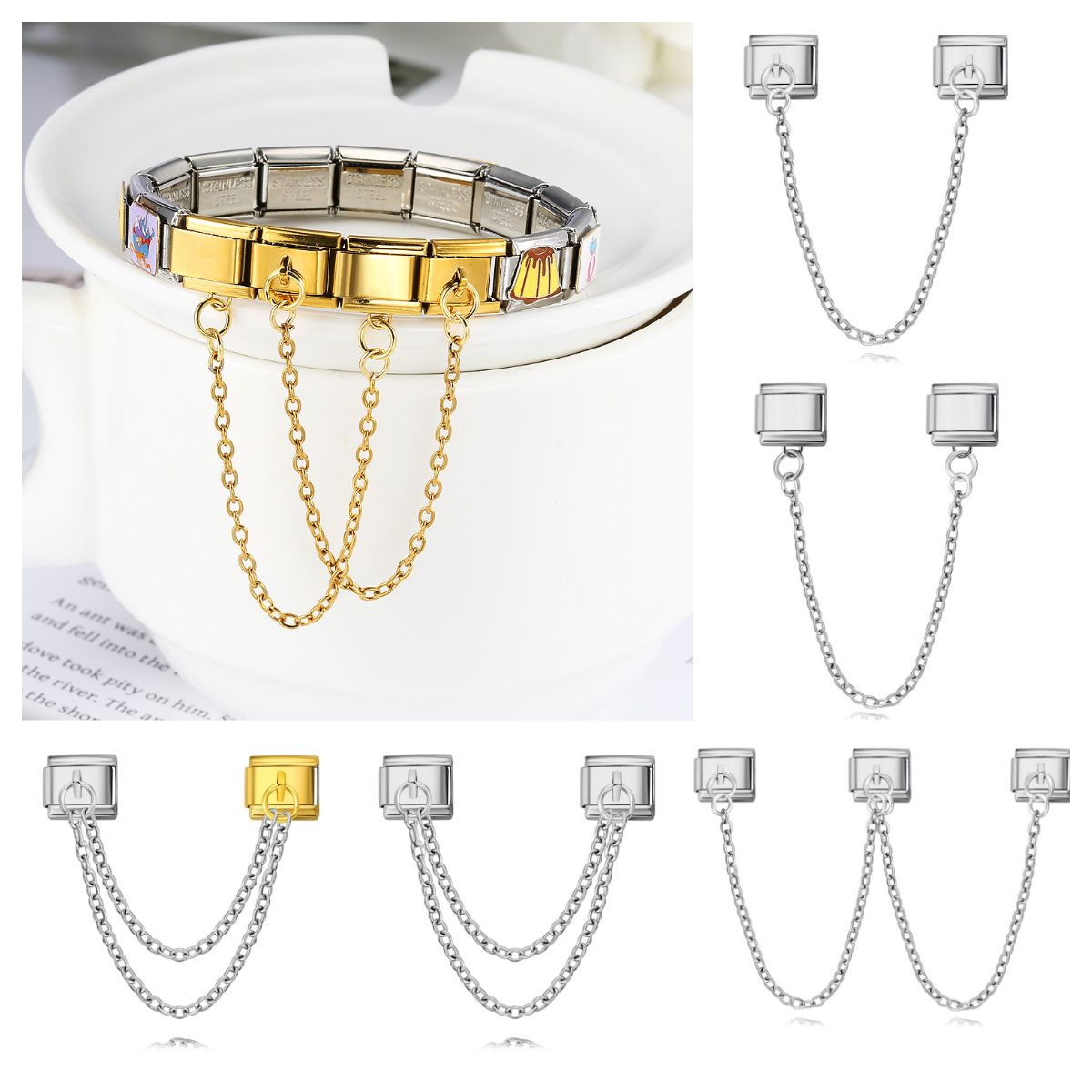 New trendy gold and silver double chain modular bracelet, titanium steel splicing bracelet, DIY jewelry accessory.