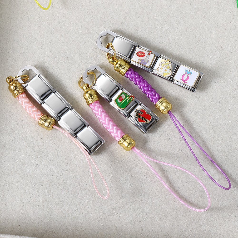 Fashionable colorful mobile phone strap modular bracelet DIY keychain gold-plated pendant stainless steel jewelry