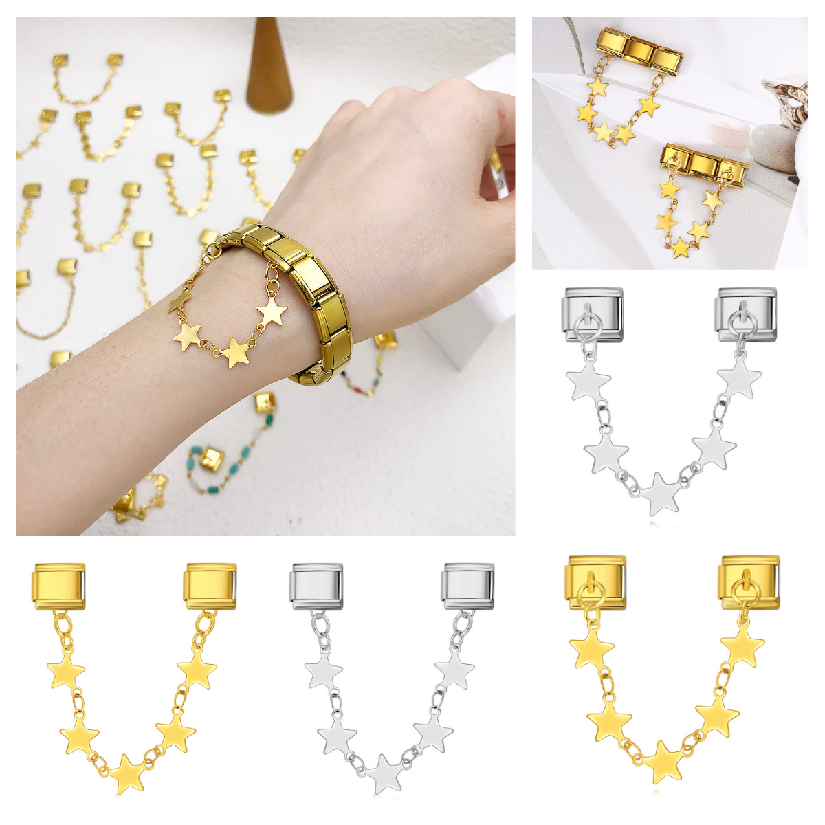 Double hook Italian modular bracelet with five-pointed star pendant and titanium steel watch strap chain.