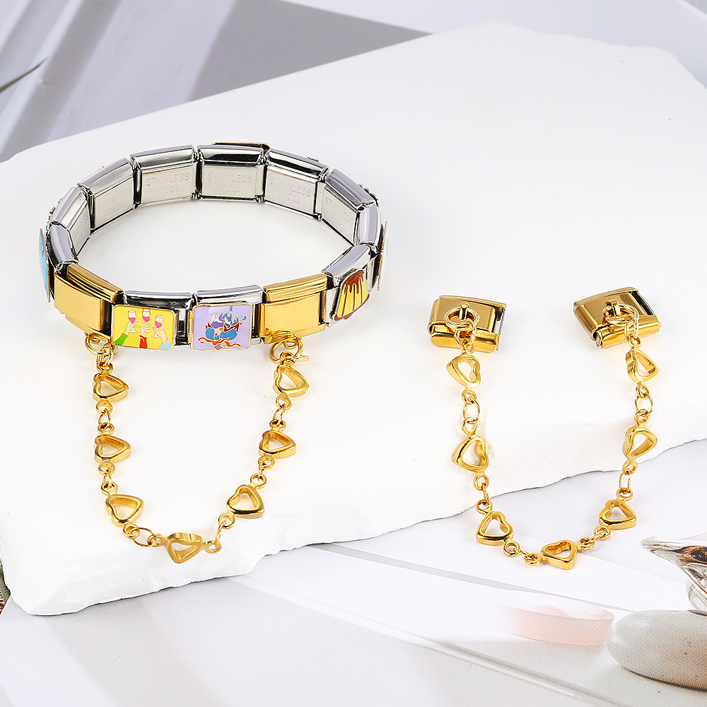New stainless steel heart-shaped pendant Italian modular bracelet with double hooks, DIY elastic splicing watch strap chain