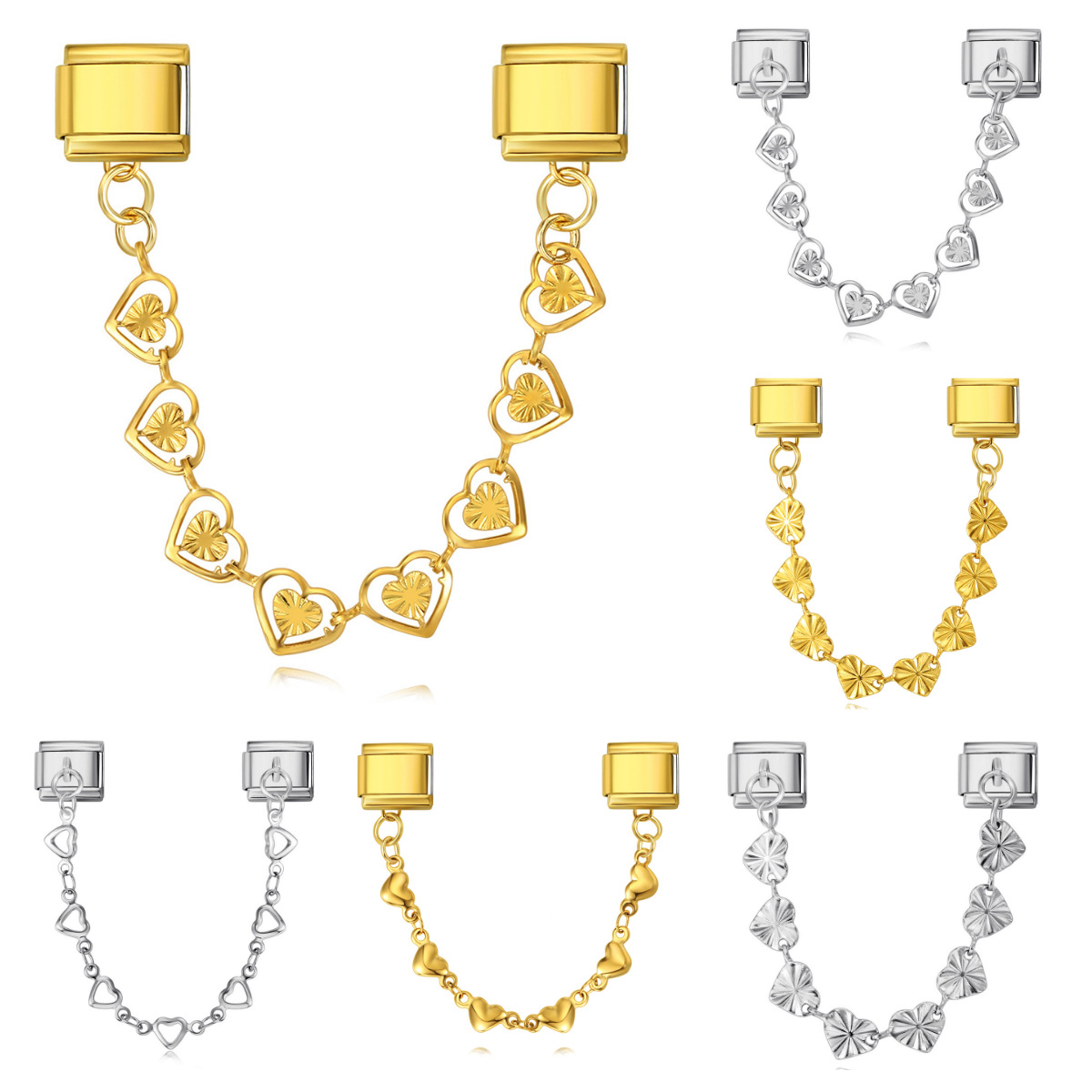 New stainless steel heart-shaped pendant Italian modular bracelet with double hooks, DIY elastic splicing watch strap chain