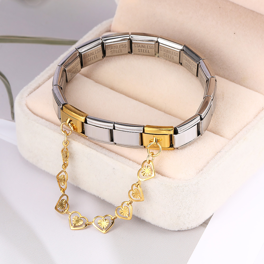 New stainless steel heart-shaped pendant Italian modular bracelet with double hooks, DIY elastic splicing watch strap chain