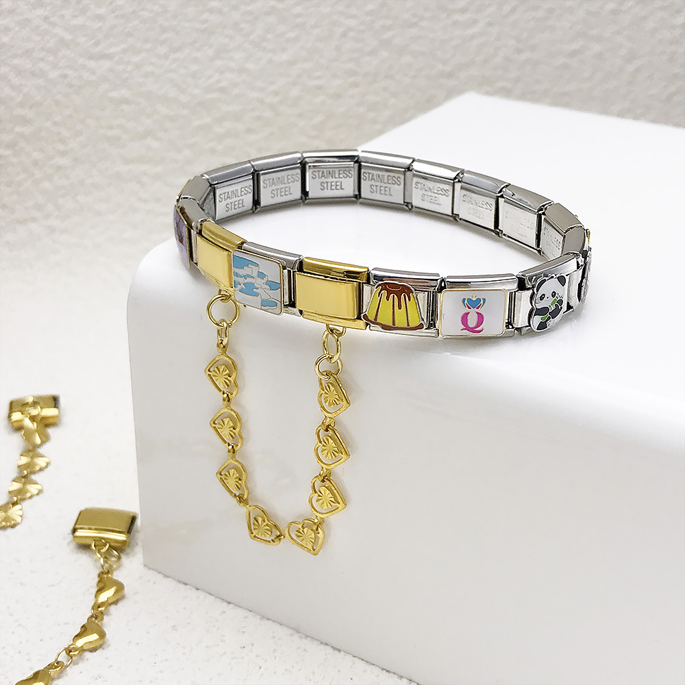 New stainless steel heart-shaped pendant Italian modular bracelet with double hooks, DIY elastic splicing watch strap chain