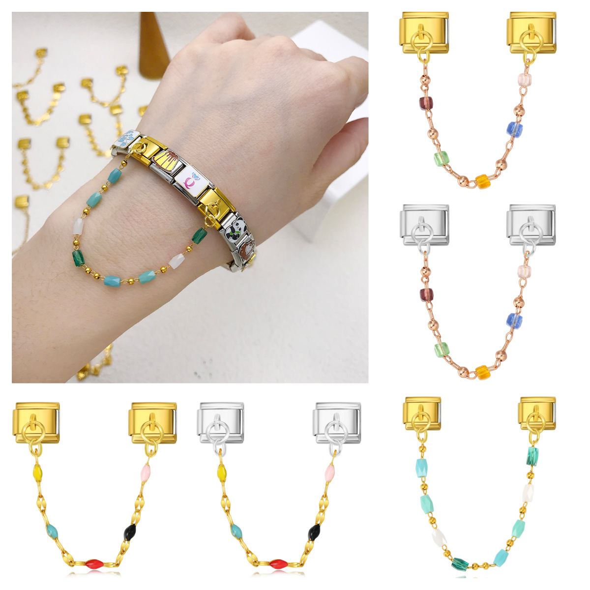 Double-pendant colorful beads Italian modular bracelet with stainless steel hook DIY elastic bangle accessory