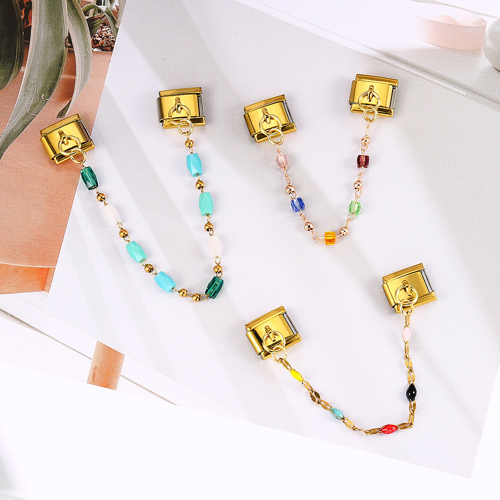 Double-pendant colorful beads Italian modular bracelet with stainless steel hook DIY elastic bangle accessory