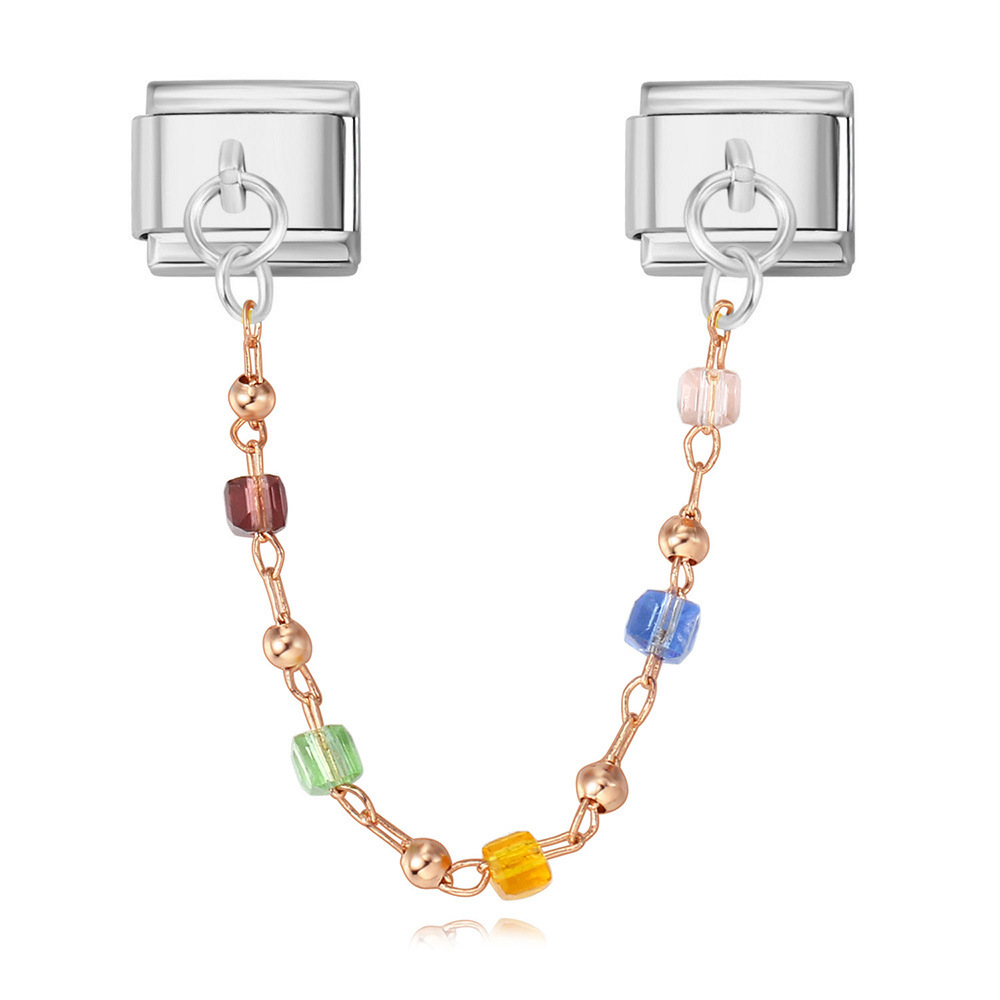 Double-pendant colorful beads Italian modular bracelet with stainless steel hook DIY elastic bangle accessory
