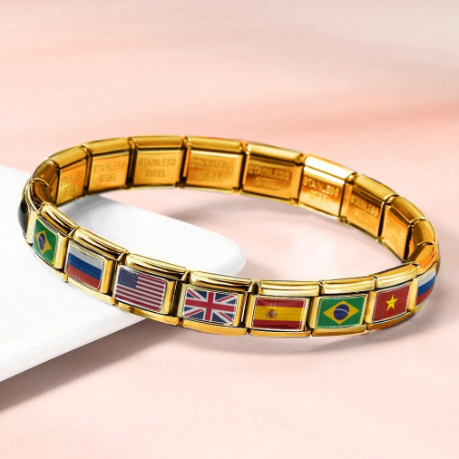 DIY Italian modular bracelet with gold background and world flag photos, made of stainless steel elastic watch strap/bracelet.