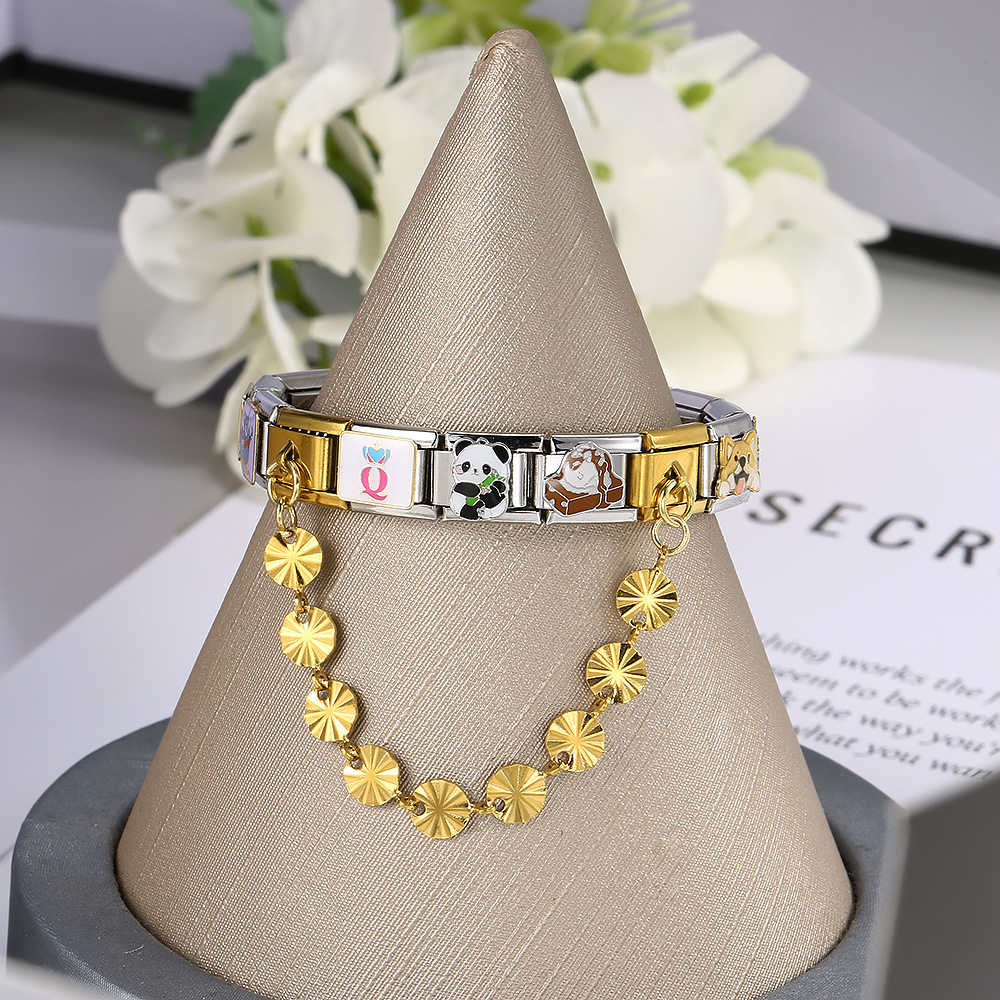 New gold and silver base double pendant Italian modular bracelet with stainless steel hook DIY elastic watch strap chain