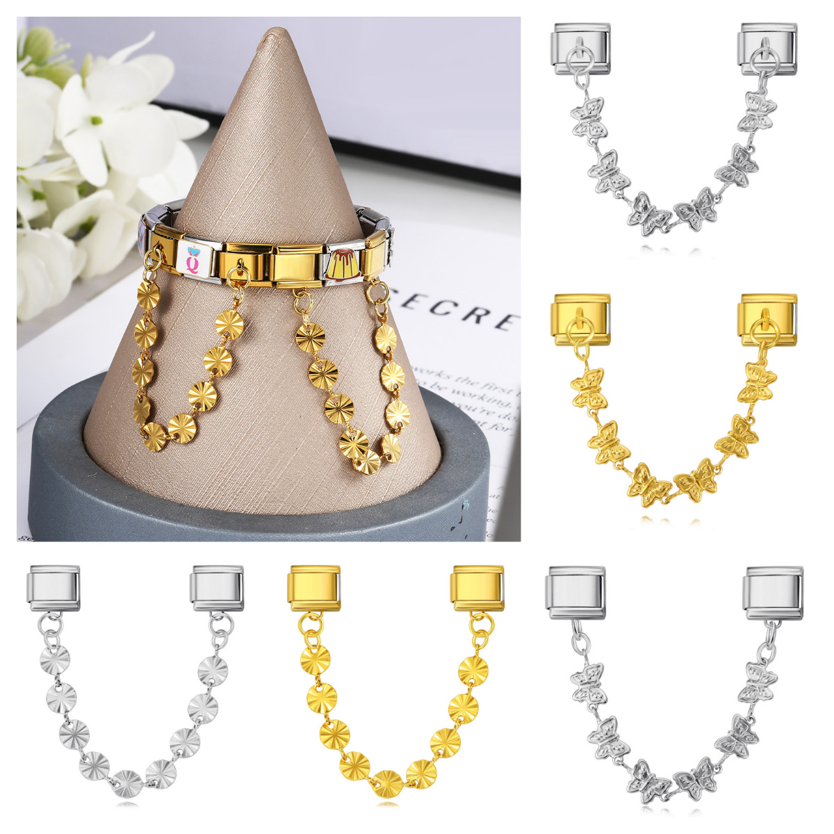 New gold and silver base double pendant Italian modular bracelet with stainless steel hook DIY elastic watch strap chain