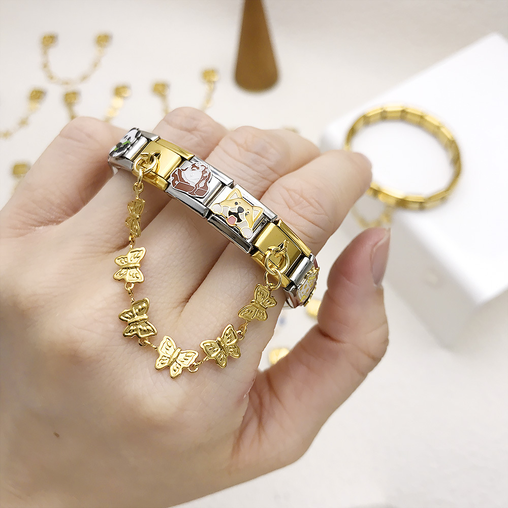 New gold and silver base double pendant Italian modular bracelet with stainless steel hook DIY elastic watch strap chain