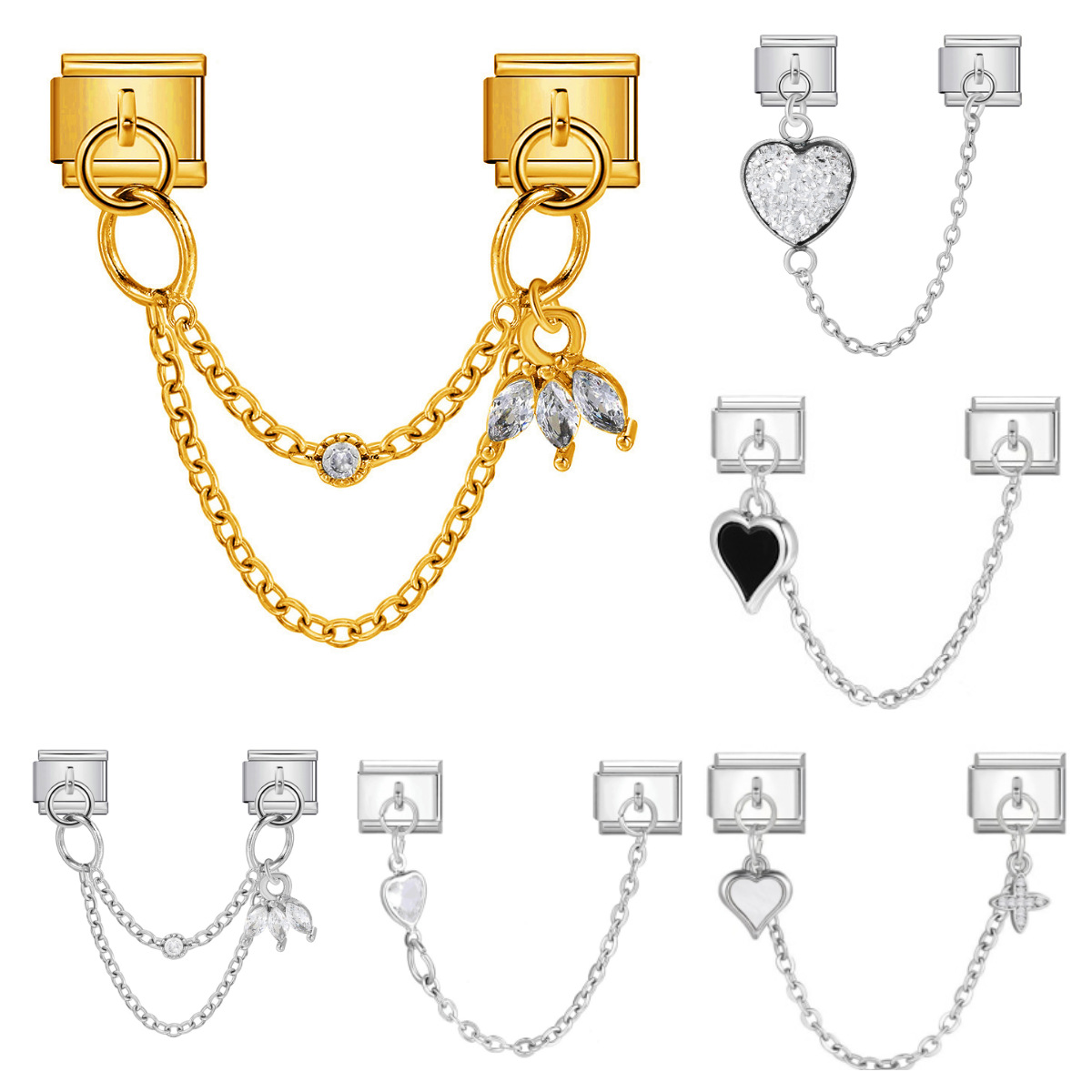 Double hook Italian modular bracelet with heart-shaped pendant chain splicing titanium steel watch strap chain - creative DIY jewelry