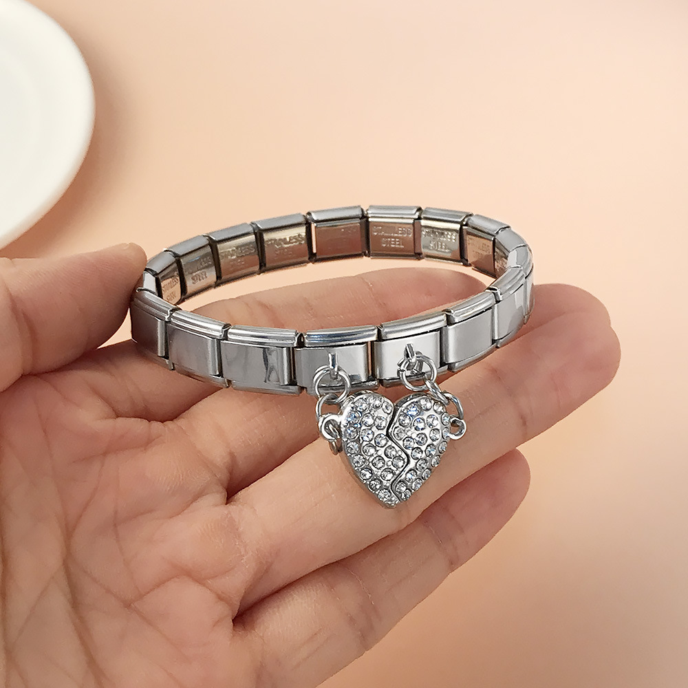 Micro-painted zircon heart-shaped double pendant bracelet accessories, titanium steel DIY free splicing Italian modular bracelet