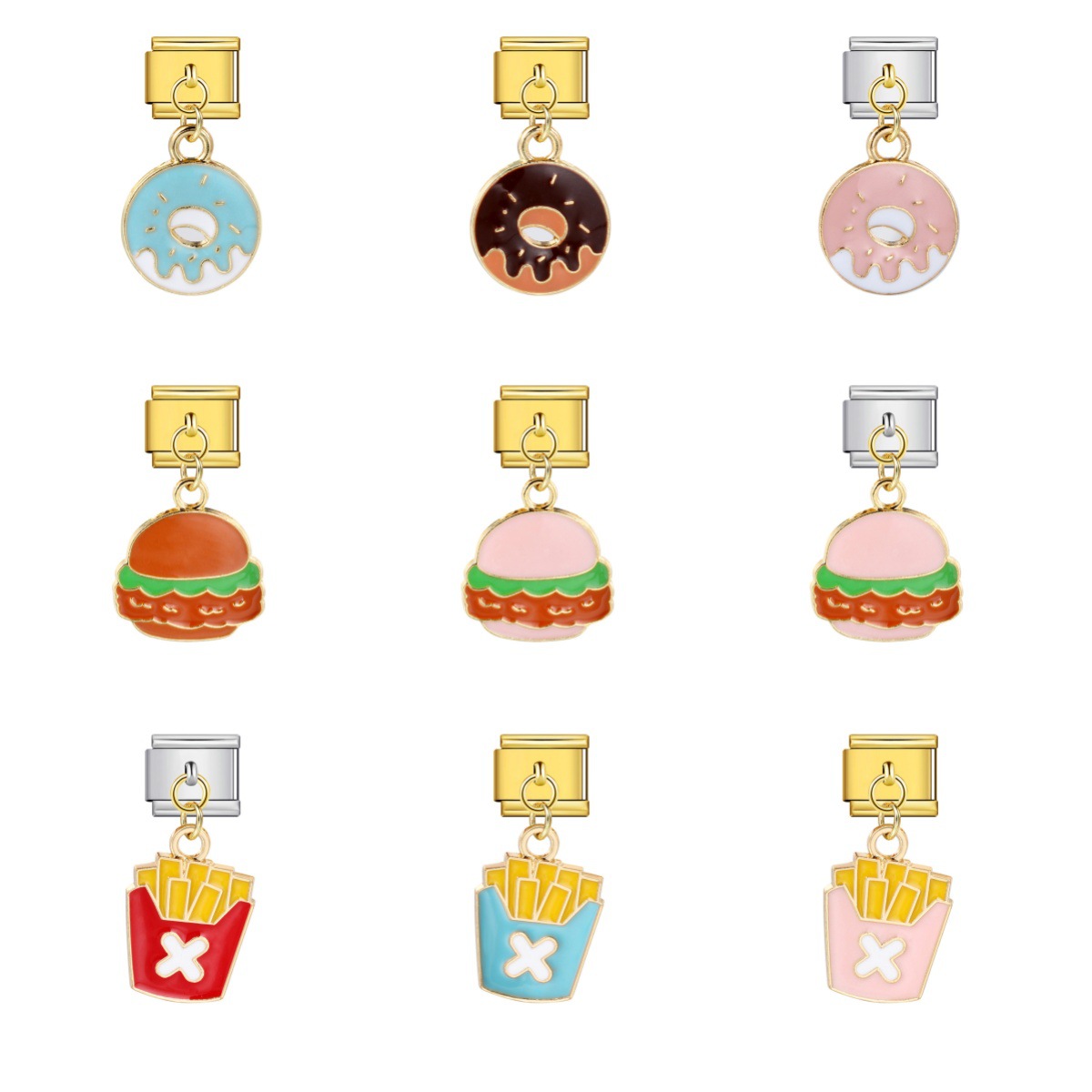 Food series burger and fries pendant style Italian modular bracelet welding oil dripping DIY titanium steel watch strap chain