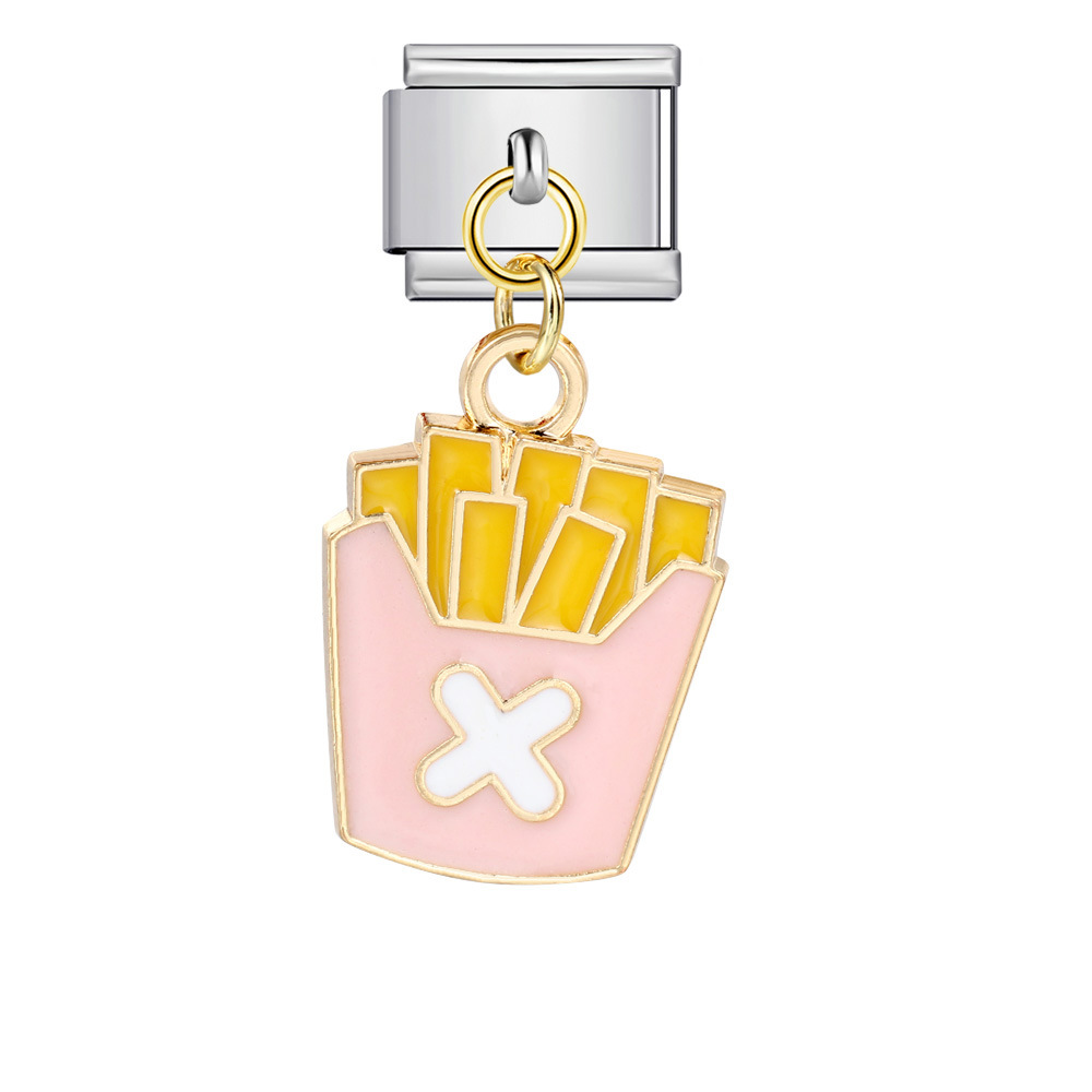 Food series burger and fries pendant style Italian modular bracelet welding oil dripping DIY titanium steel watch strap chain