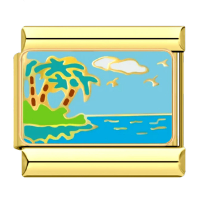 DIY Italian modular bracelet with gold background and tourist resort scenery pattern, made of welded stainless steel watch strap with dripping oil.