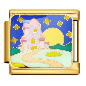 DIY Italian modular bracelet with gold background and tourist resort scenery pattern, made of welded stainless steel watch strap with dripping oil.
