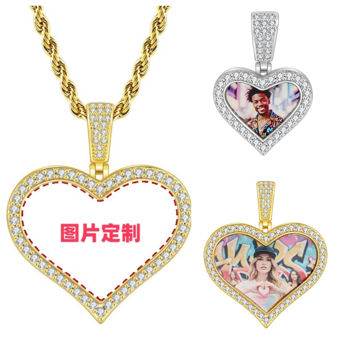 New micro-painted zircon heart-shaped pendant, DIY personalized photo necklace, birthday gift.