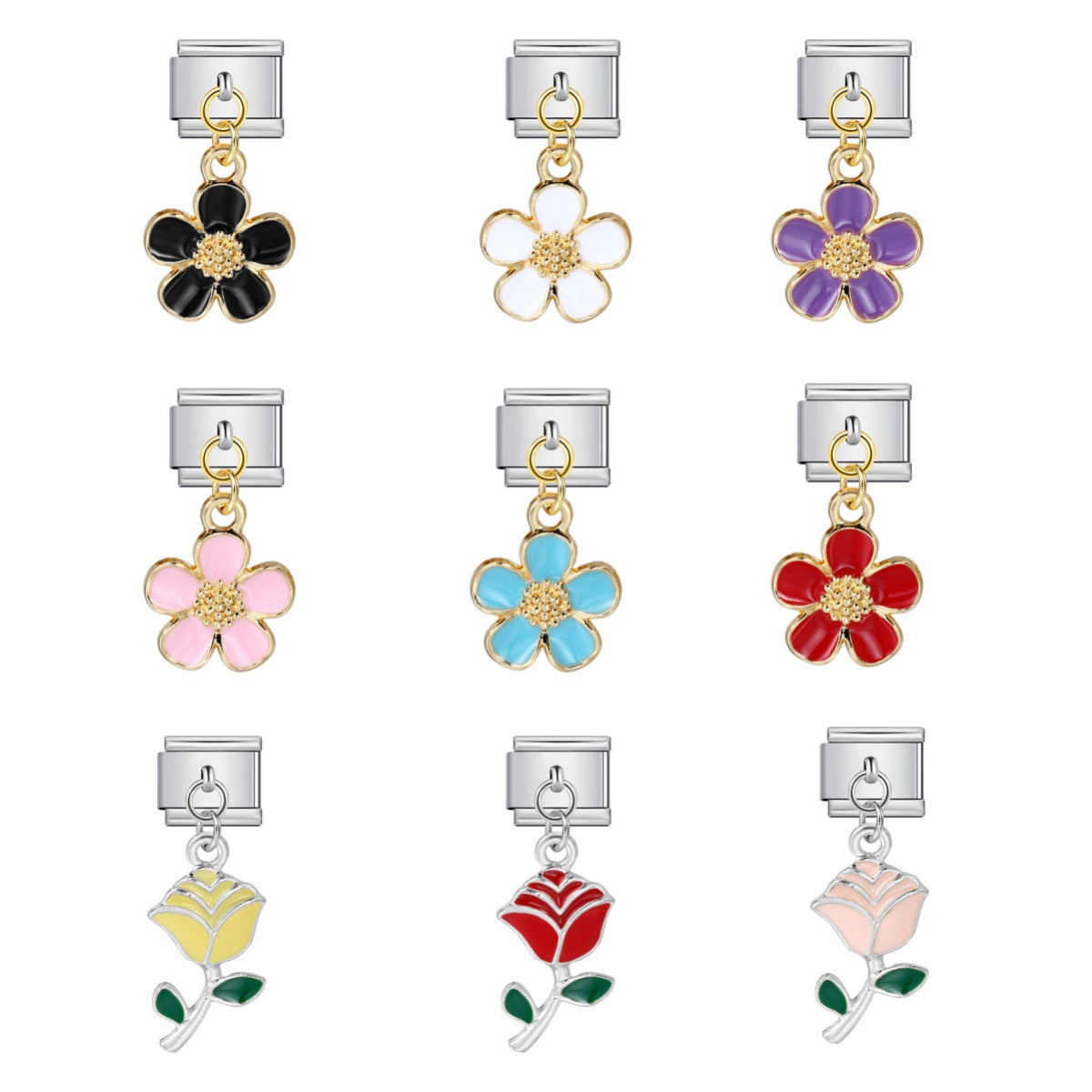 Italian charm modular bracelet with single flower handmade pendant, titanium steel watch strap.